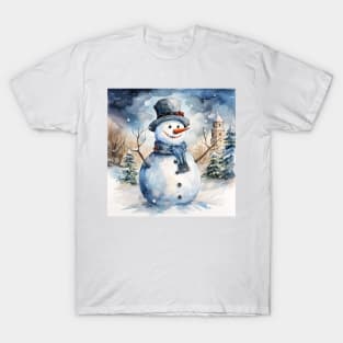 Happy Watercolor Snowman in a Snowy Winter Scene T-Shirt